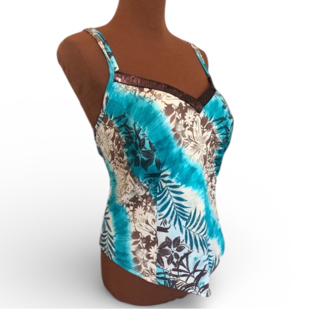 Women’s Tankini Swim Top Size XL Turquoise Blue and Brown Sequined Trim GUC